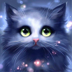 Diamond painting of a cute blue kitten with big green eyes