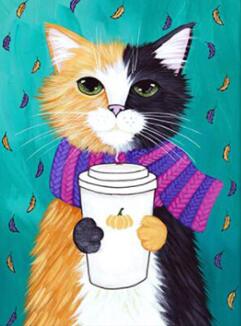 Image of Diamond Painting of a Cute Cat with a Latte