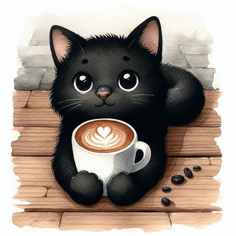 Image of charming diamond painting of a black kitten enjoying a hot latte with latte art