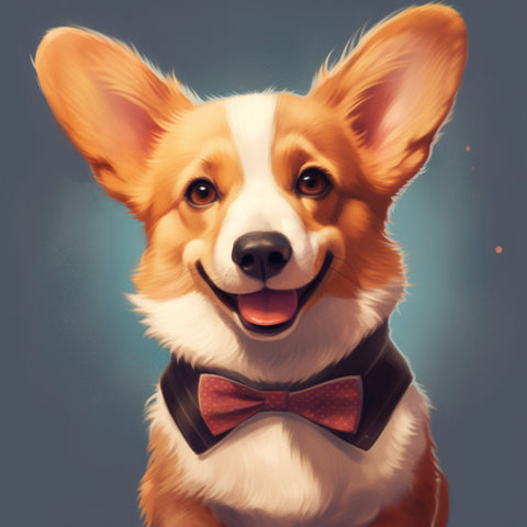 Image of Diamond painting of a cute corgi with a red bowtie, smiling