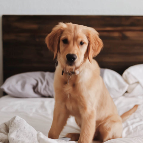 Image of Diamond painting of a cute golden retriever puppy sitting on a bed