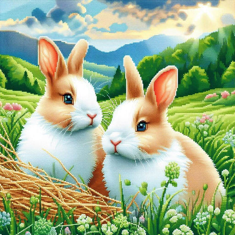 Image of diamond painting of two cute rabbits with wildflowers meadow