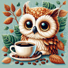 Adorable owl enjoying a cup of coffee diamond art.
