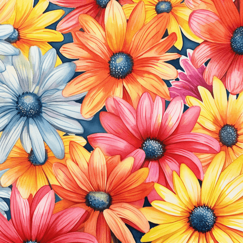 Image of Diamond painting of a vibrant bouquet of colorful African daisies in full bloom