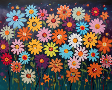 Diamond painting of a vibrant field of colorful daisies