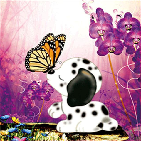 Image of Diamond painting of a cute Dalmatian puppy smelling a butterfly with purple orchids in the background