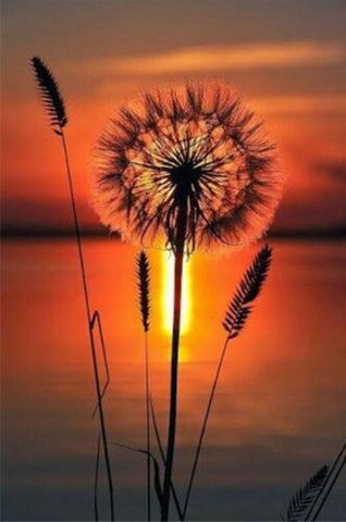 Image of Diamond painting of a dandelion blowing its seeds in a sunset.