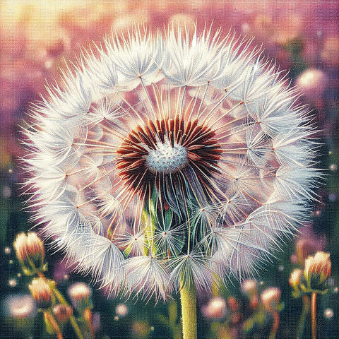 Image of Diamond painting depicting a close-up of a dandelion puff blowing in the wind, making a wish come true.