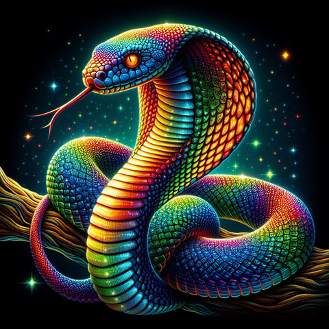Image of Diamond painting of a cobra with shimmering scales, its hood flared in a dazzling display of colors.