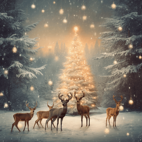 Image of Diamond painting of a group of deer gathered around a beautifully lit Christmas tree in a snowy forest