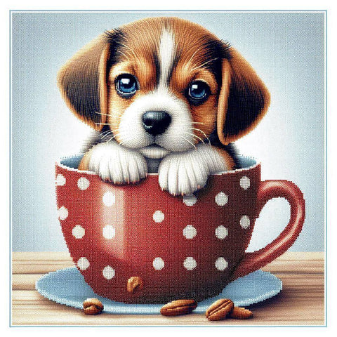 Image of Diamond painting of a playful puppy peeking out of a cup.