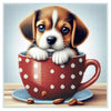 Diamond painting of a playful puppy peeking out of a cup.