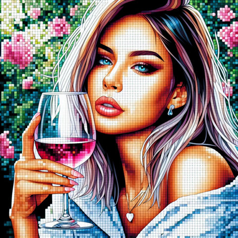 Image of diamond art featuring a woman holding a glass of wine