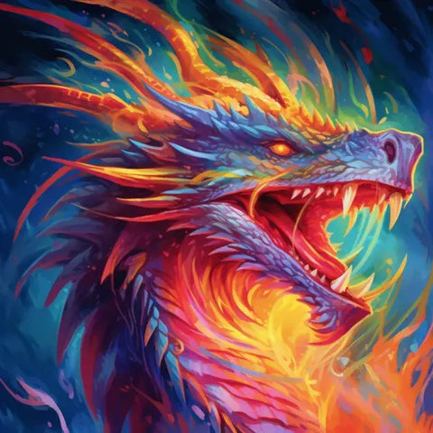 Image of Diamond painting of a colorful dragon's head.