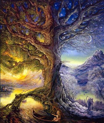 Image of Diamond painting of a mystical tree of life with a moon, stars, and a boat on a lake