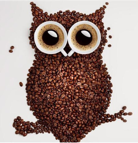 Image of Diamond painting of a 3D coffee bean owl with realistic shading and details