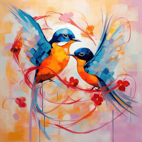 Image of diamond painting of two colorful birds in an abstract style