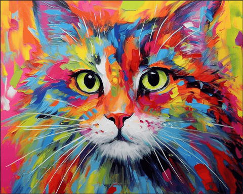 Image of Diamond painting of a colorful abstract cat design with a pink nose and blue eyes.