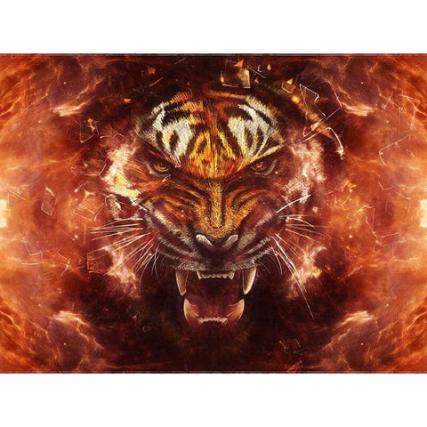 Image of Diamond painting of a fiery abstract tiger design in shades of orange, red, and black.