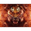 Diamond painting of a fiery abstract tiger design in shades of orange, red, and black.