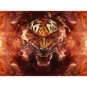 Diamond painting of a fiery abstract tiger design in shades of orange, red, and black.