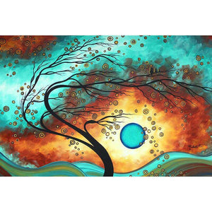 Diamond painting of an abstract tree with swirling branches in shades of blue and green.