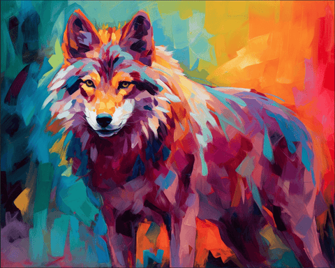 Image of Diamond painting of a colorful abstract wolf with swirling shapes in shades of blue, purple, and pink.