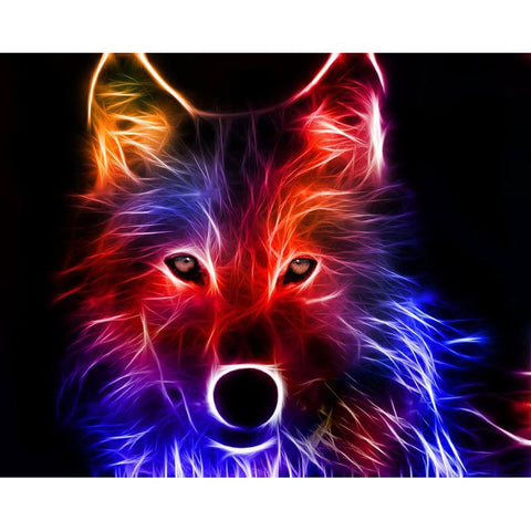 Image of Diamond painting of an abstract wolf, depicted with geometric shapes and vibrant colors.