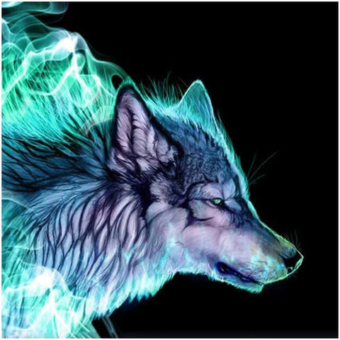Image of Diamond painting of an abstract wolf design with geometric shapes in shades of blue and purple.