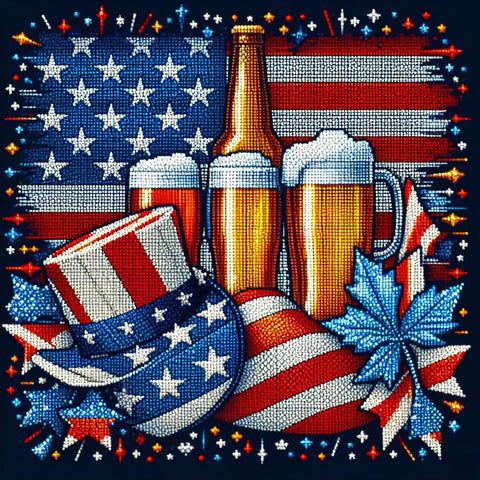 Image of Diamond painting of beer mugs clinking glasses with the American flag in a toast to the USA.