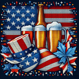 Diamond painting of beer mugs clinking glasses with the American flag in a toast to the USA.