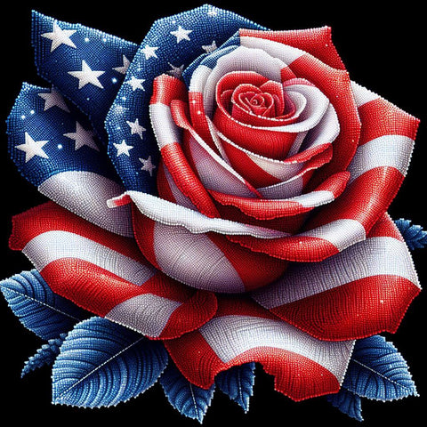 Image of Diamond painting of a rose with the American flag design, a symbol of patriotism.