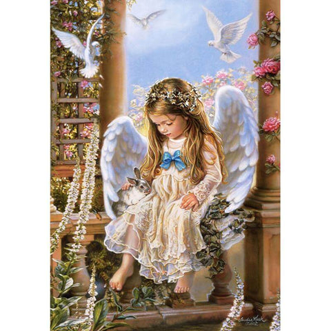 Image of diamond painting of a little angel girl petting a bunny, surrounded by doves and flowers