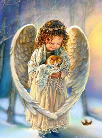 Image of diamond painting of an angel holding a kitten