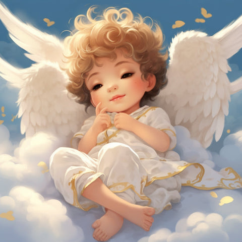 Image of diamond painting of an angel sleeping on clouds