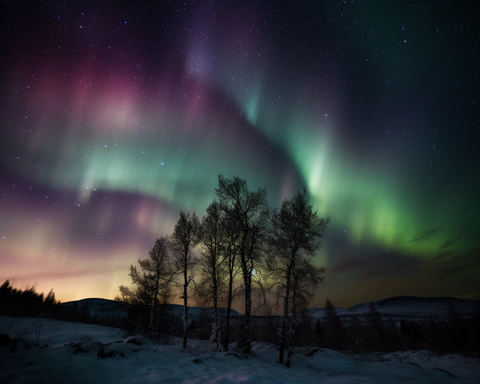 Image of diamond painting of the Aurora Borealis over a snowy forest