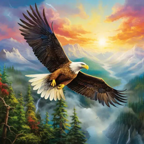 Image of Diamond painting of a bald eagle flying majestically over snow-capped mountains.