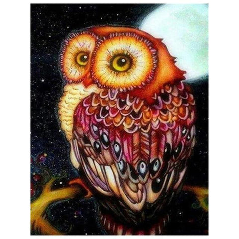 Image of Diamond painting of a majestic barn owl perched on a branch on a starry night, under the full moon.