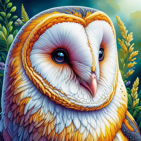 Image of Sparkling diamond art featuring a realistic barn owl, a nocturnal bird of prey.