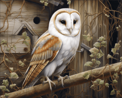 Image of Diamond painting of a majestic barn owl perched on a tree branch.