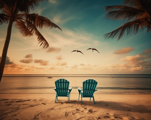 Image of diamond painting of two chairs on a beach at sunset