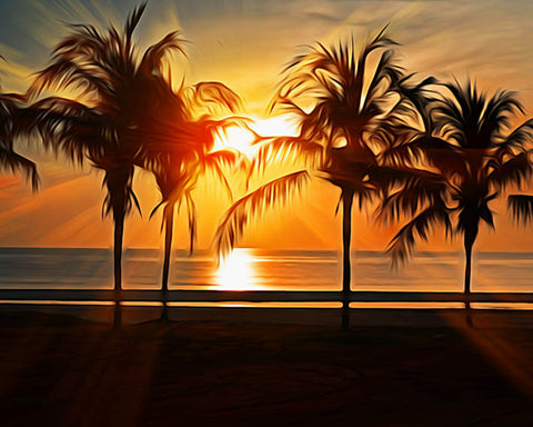 Image of Diamond painting of a tropical beach at sunset, with palm trees silhouetted against a vibrant orange sky.