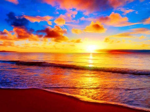Image of Diamond painting of a tropical beach at sunset. The sky is ablaze with vibrant orange, pink, and purple hues.