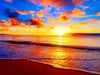 Diamond painting of a tropical beach at sunset. The sky is ablaze with vibrant orange, pink, and purple hues.