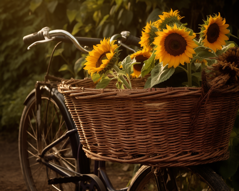 Image of Diamond painting of a bicycle with a basket overflowing with bright yellow sunflowers.