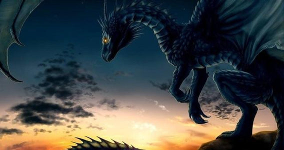 Diamond painting of a dramatic image of a black dragon in a sunset. 