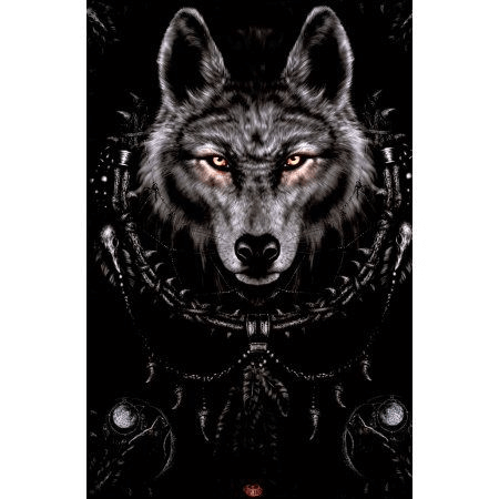 Image of Diamond painting of a black wolf with a dreamcatcher around its neck.