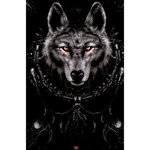 Diamond painting of a black wolf with a dreamcatcher around its neck.
