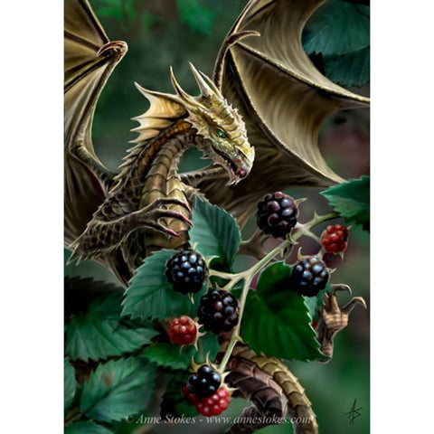 Image of Diamond painting of a black dragon perched on a bush of ripe blackberries.