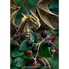 Diamond painting of a black dragon perched on a bush of ripe blackberries.